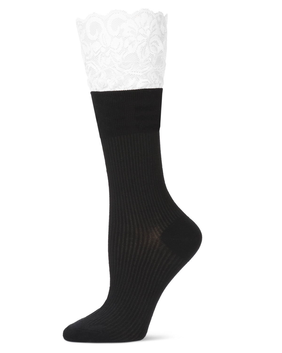 Women's Delicate Lace Slant Ribbed Crew Socks : Color: Black