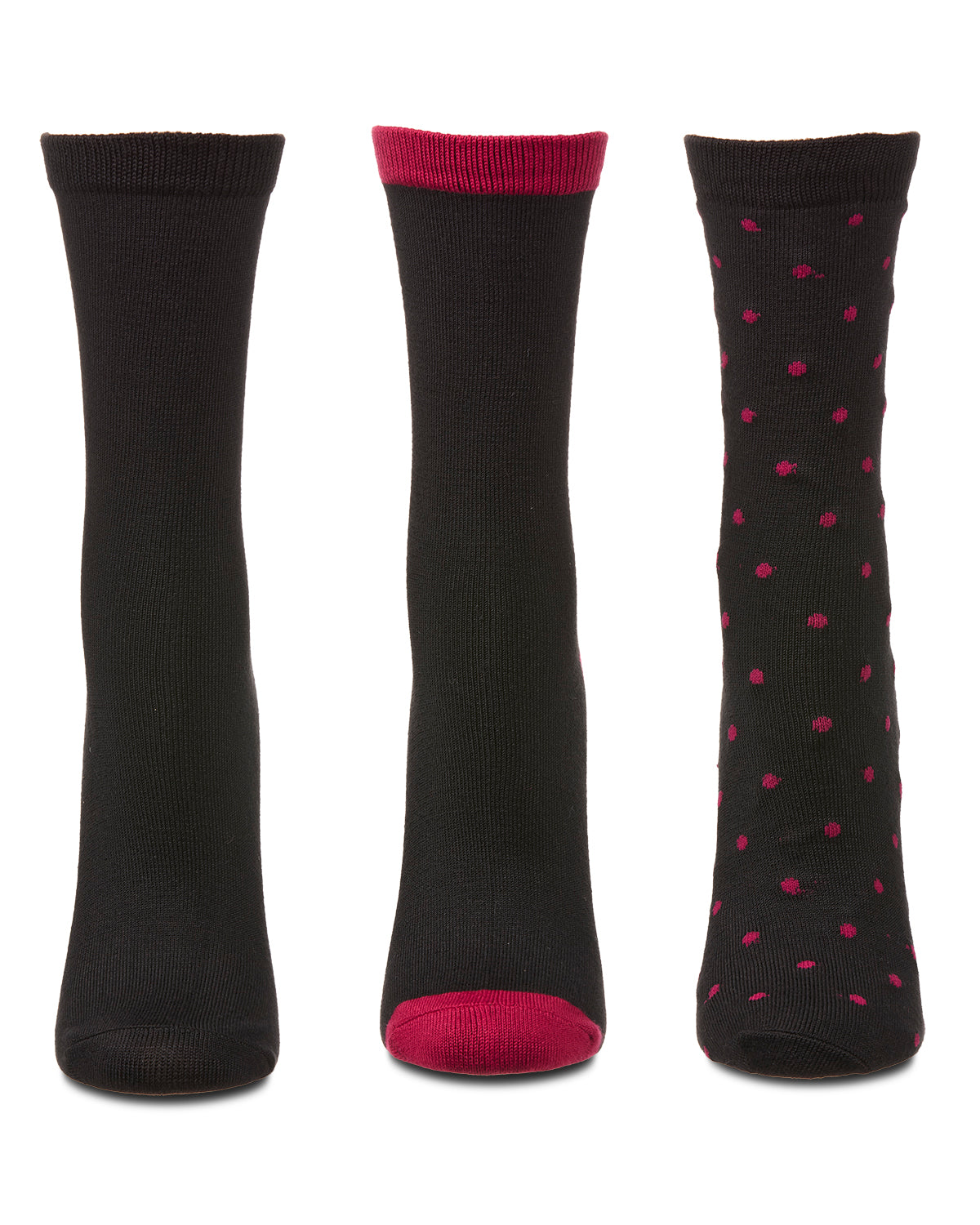 3 Pairs Women's ButterSoft Polytam Polka Dot and Solid Colors Crew Socks : Color: Black