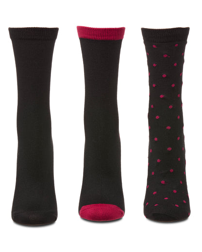 3 Pairs Women's ButterSoft Polytam Polka Dot and Solid Colors Crew Socks : Color: Black