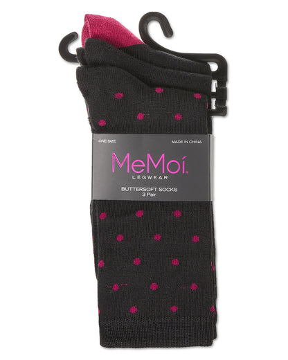 3 Pairs Women's ButterSoft Polytam Polka Dot and Solid Colors Crew Socks : Color: Black