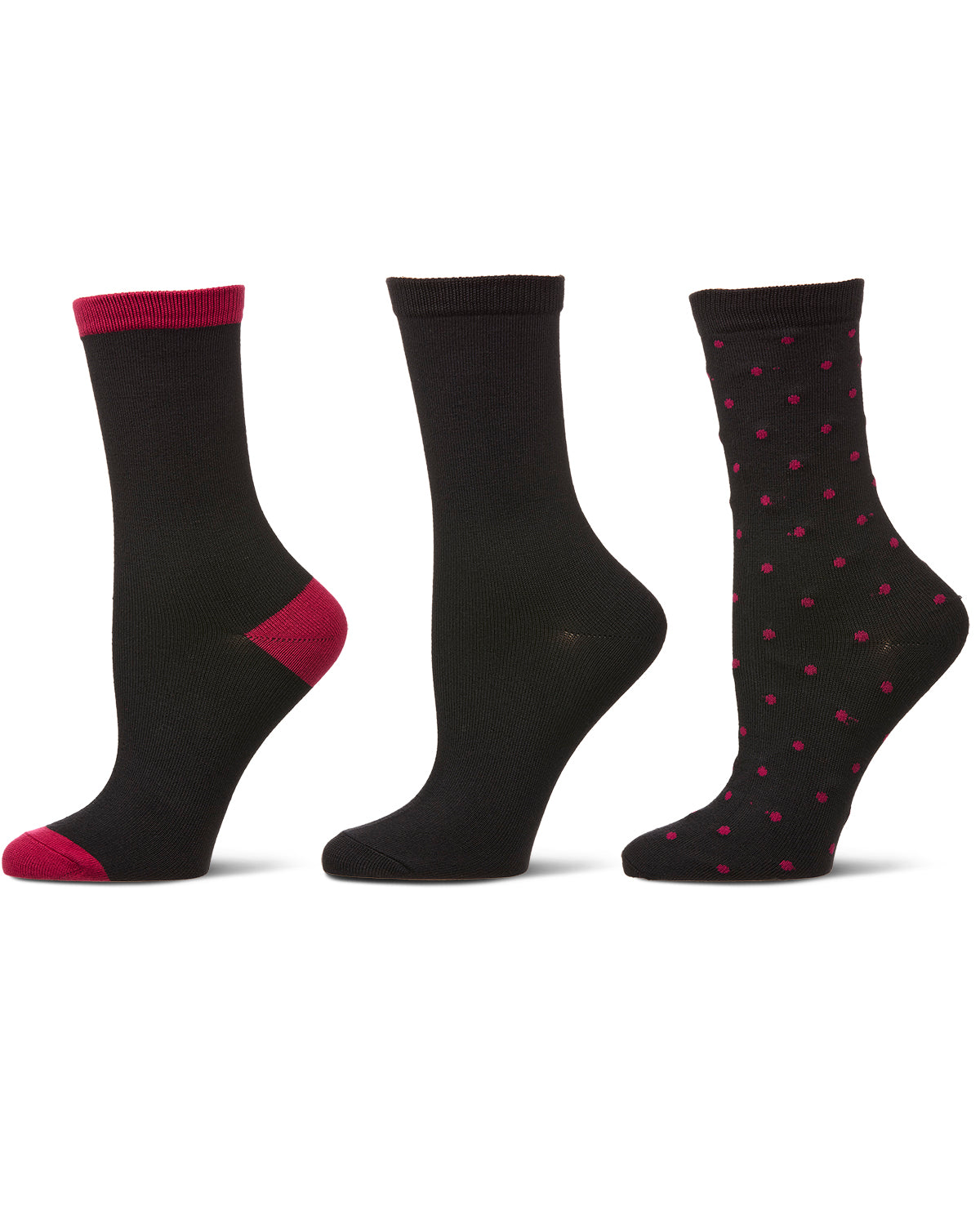 3 Pairs Women's ButterSoft Polytam Polka Dot and Solid Colors Crew Socks : Color: Black