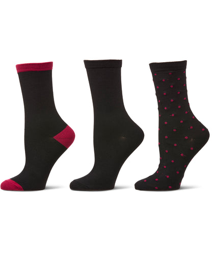 3 Pairs Women's ButterSoft Polytam Polka Dot and Solid Colors Crew Socks : Color: Black