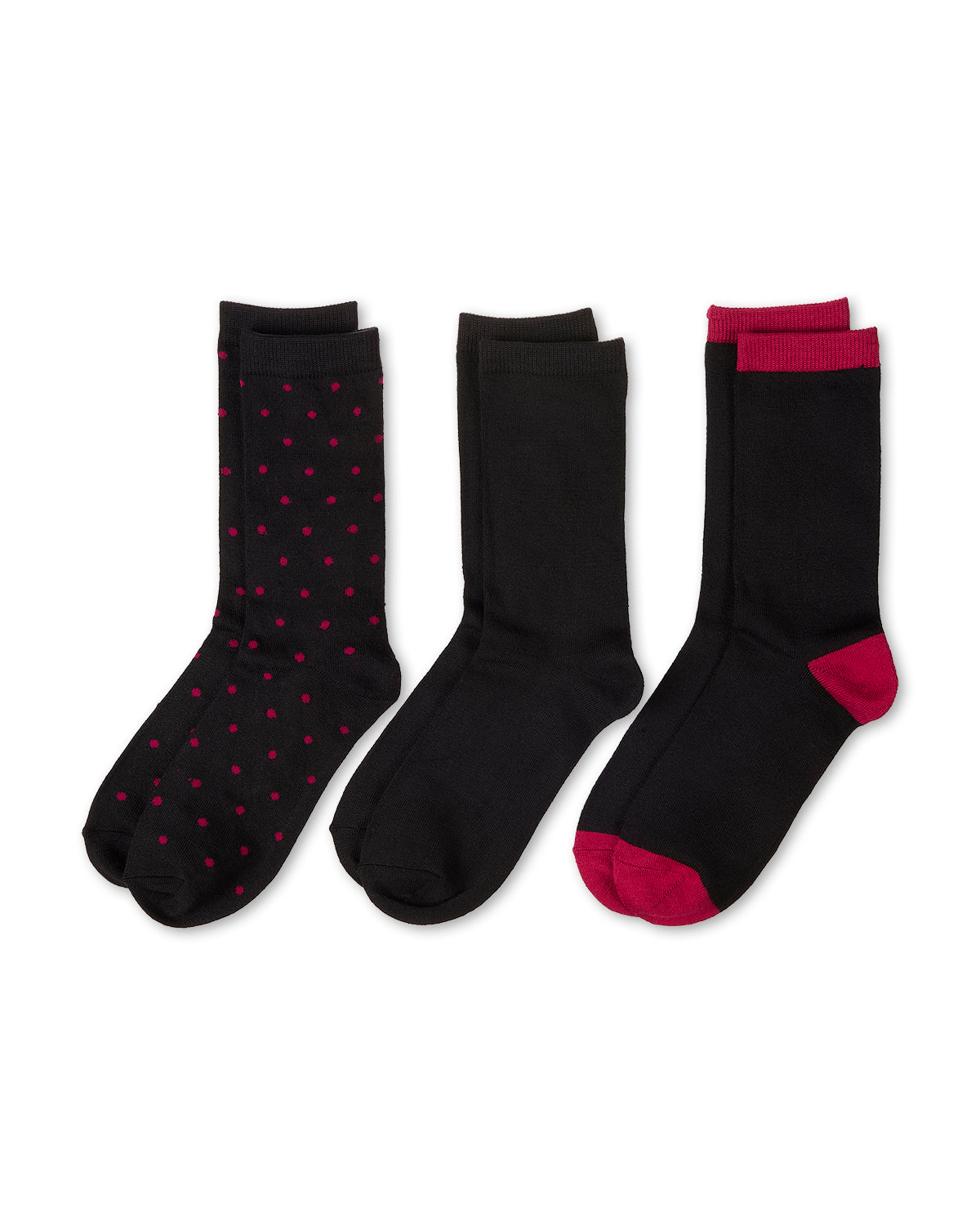 3 Pairs Women's ButterSoft Polytam Polka Dot and Solid Colors Crew Socks : Color: Black