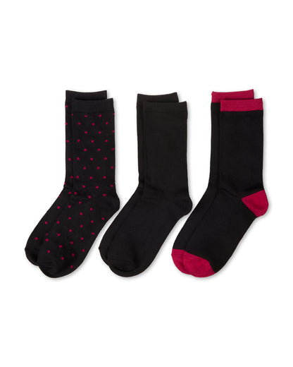 3 Pairs Women's ButterSoft Polytam Polka Dot and Solid Colors Crew Socks : Color: Black