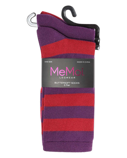 3 Pair Women's Buttersoft Crew Socks - Stripes and Solid Colors