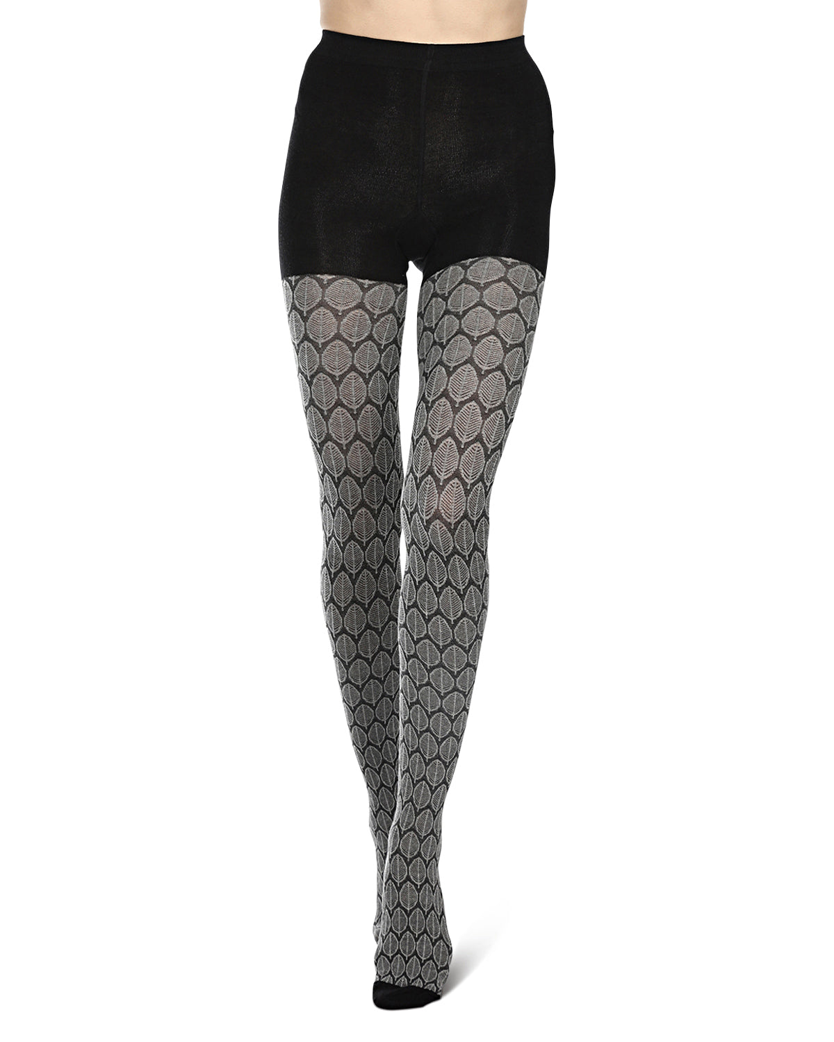 Leaf Patterned Cotton Blend Sweater Tights : Color: Black
