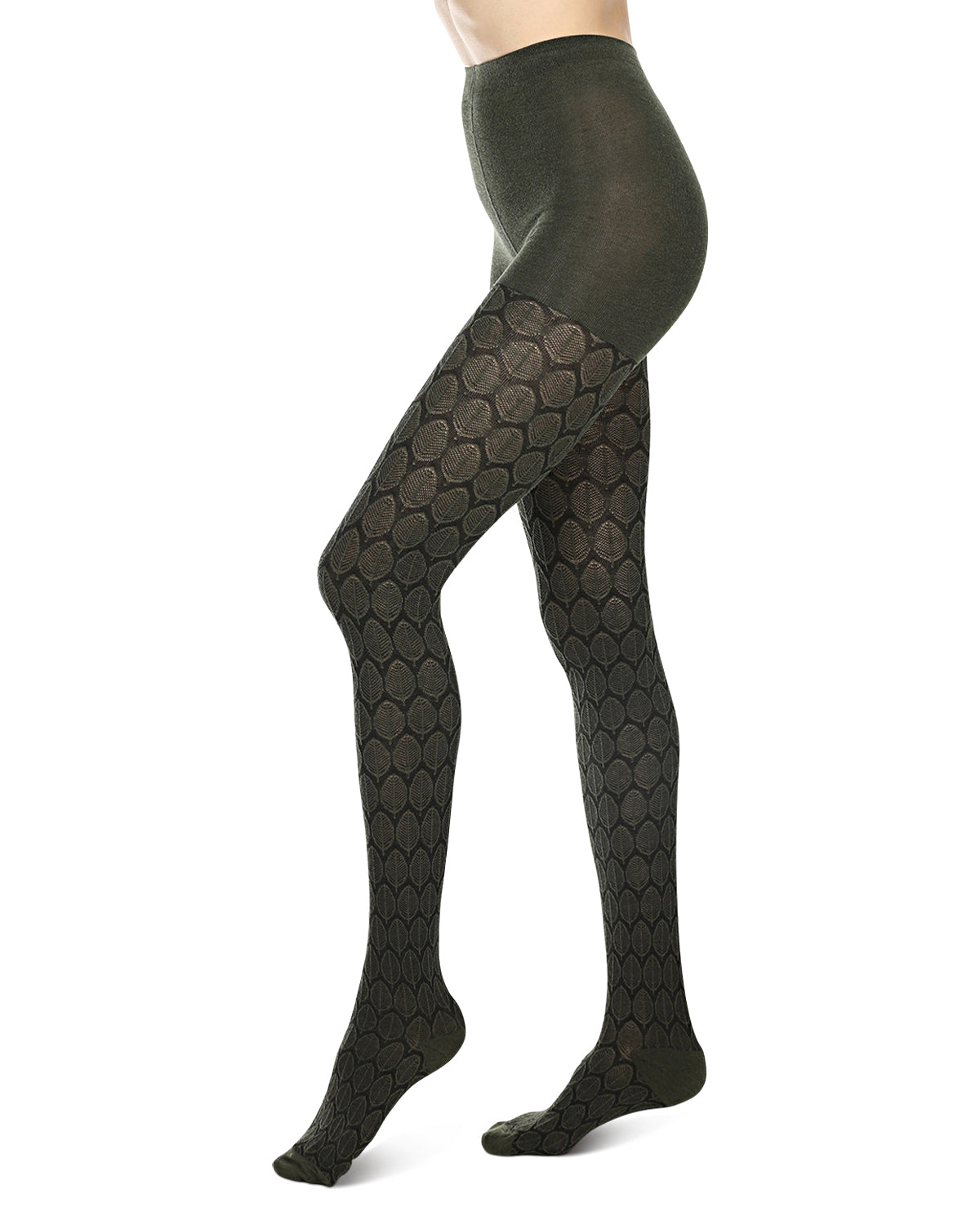 Leaf Patterned Cotton Blend Sweater Tights : Color: Black