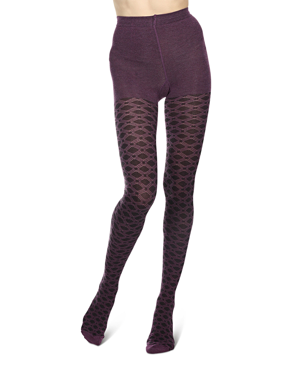 Diamond Patterned Cotton Blend Sweater Tights : Color: Grape Heather