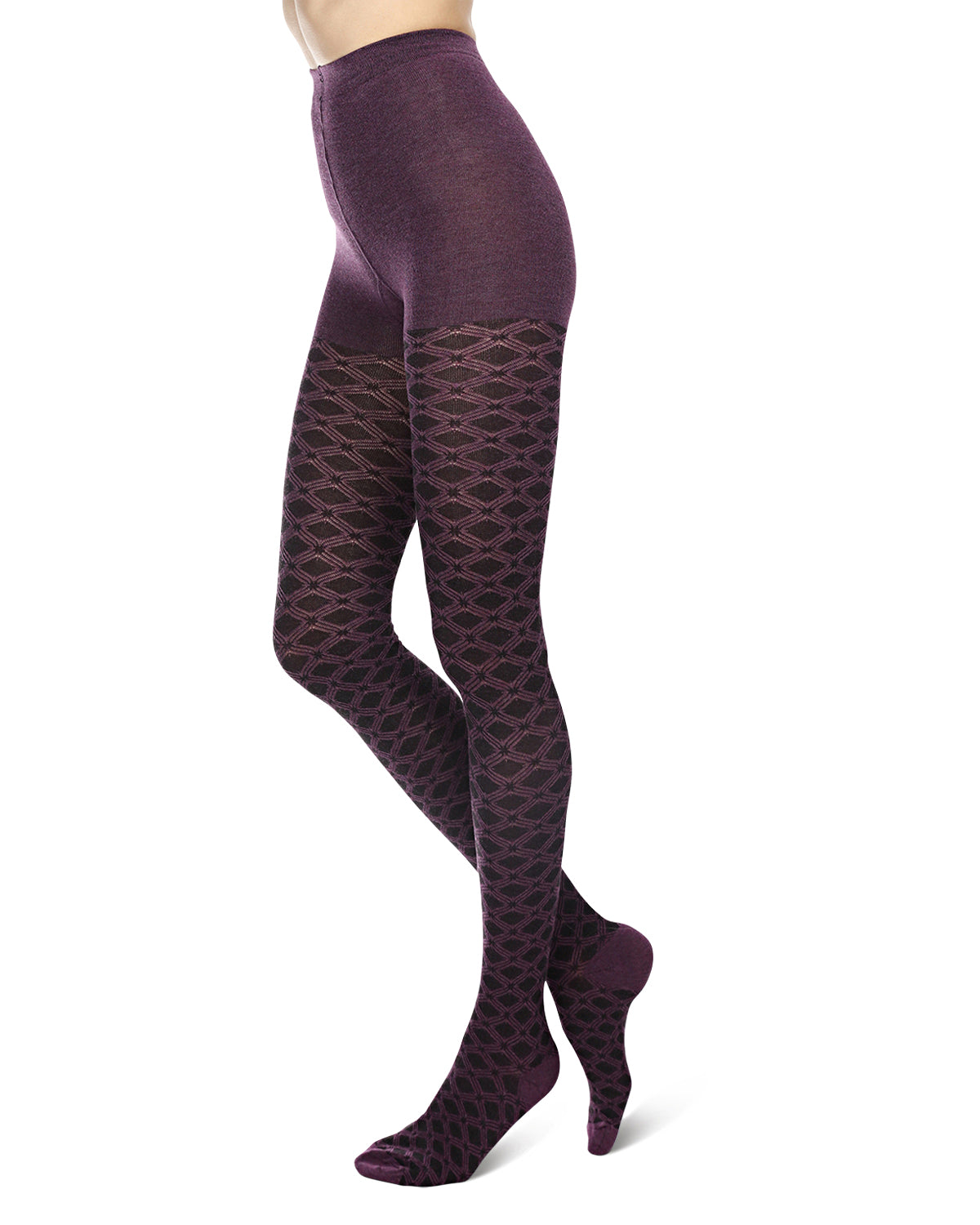 Diamond Patterned Cotton Blend Sweater Tights : Color: Grape Heather