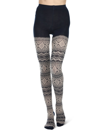Diamond Fair Isle Patterned Cotton Blend Sweater Tights : Color: Navy Blazer