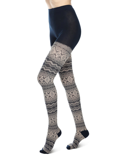 Diamond Fair Isle Patterned Cotton Blend Sweater Tights : Color: Navy Blazer