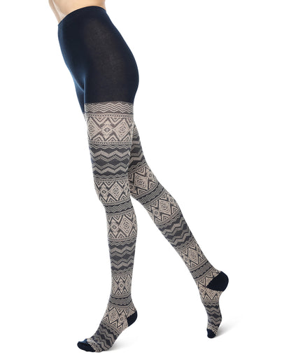 Diamond Fair Isle Patterned Cotton Blend Sweater Tights : Color: Navy Blazer