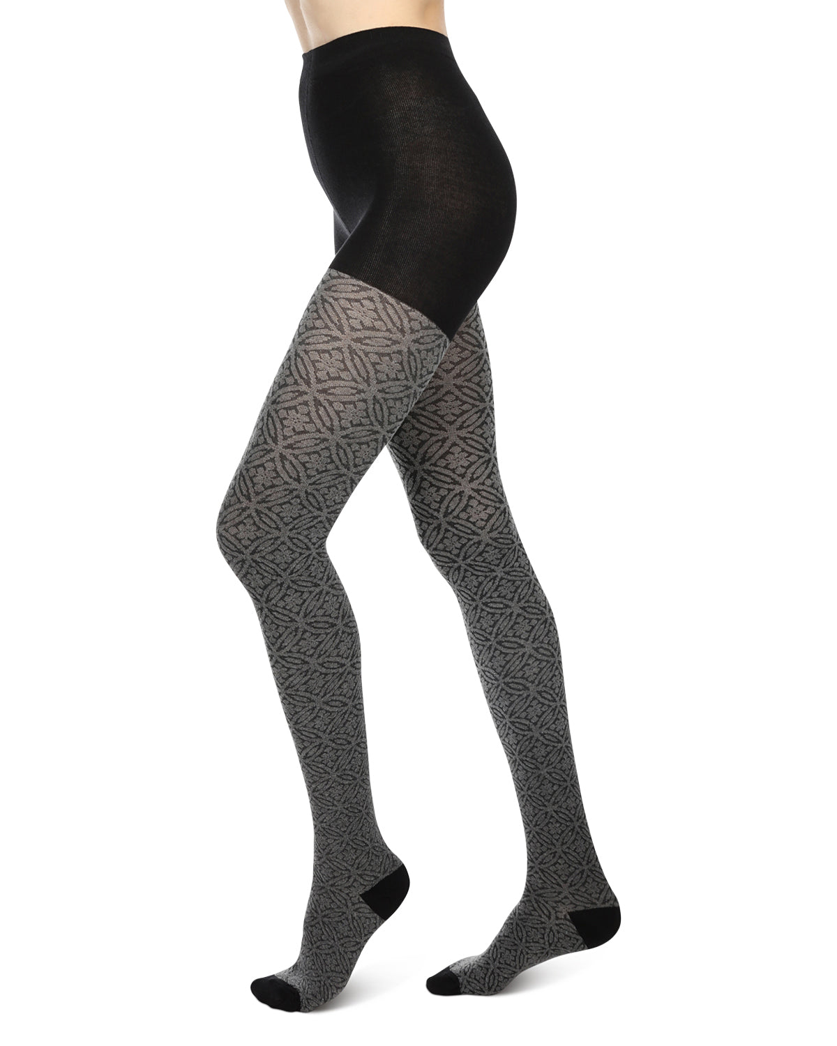 Women's Flattering Floral and Circular Pattern Sweater Tights : Color: Black