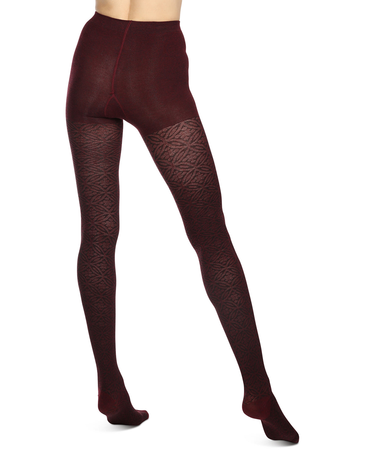 Women's Flattering Floral and Circular Pattern Sweater Tights : Color: Burgundy Heather
