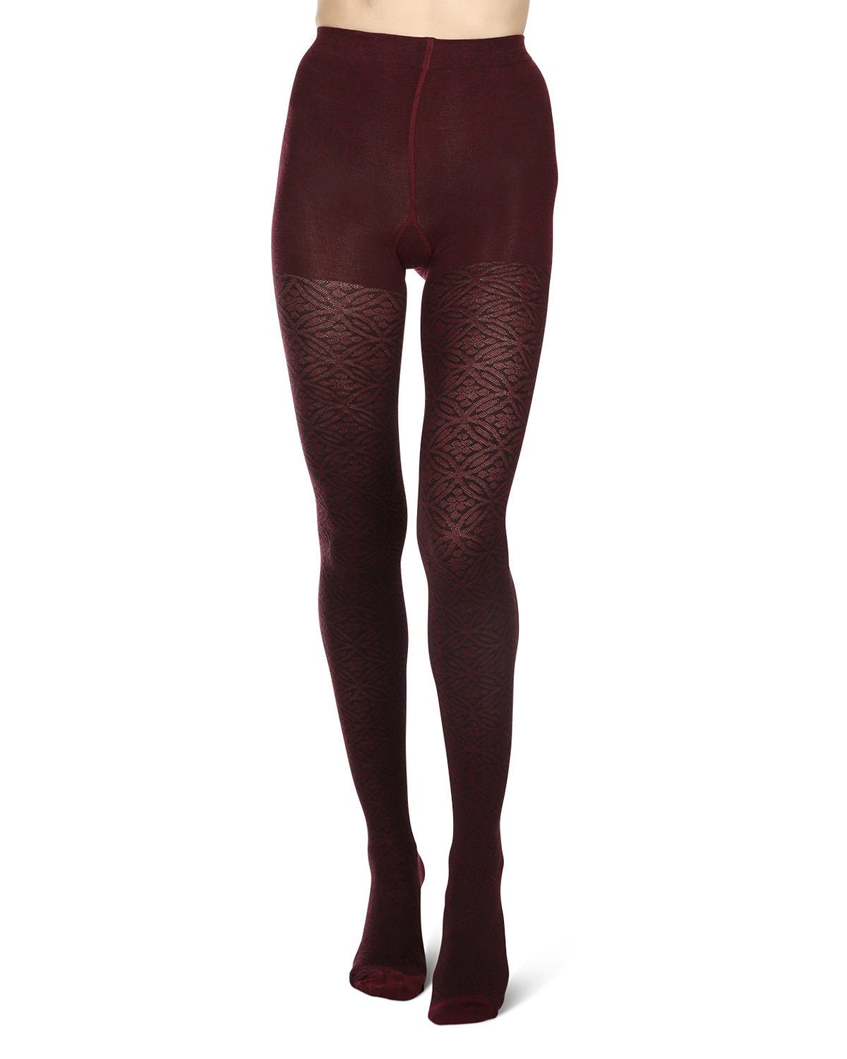 Women's Flattering Floral and Circular Pattern Sweater Tights : Color: Burgundy Heather