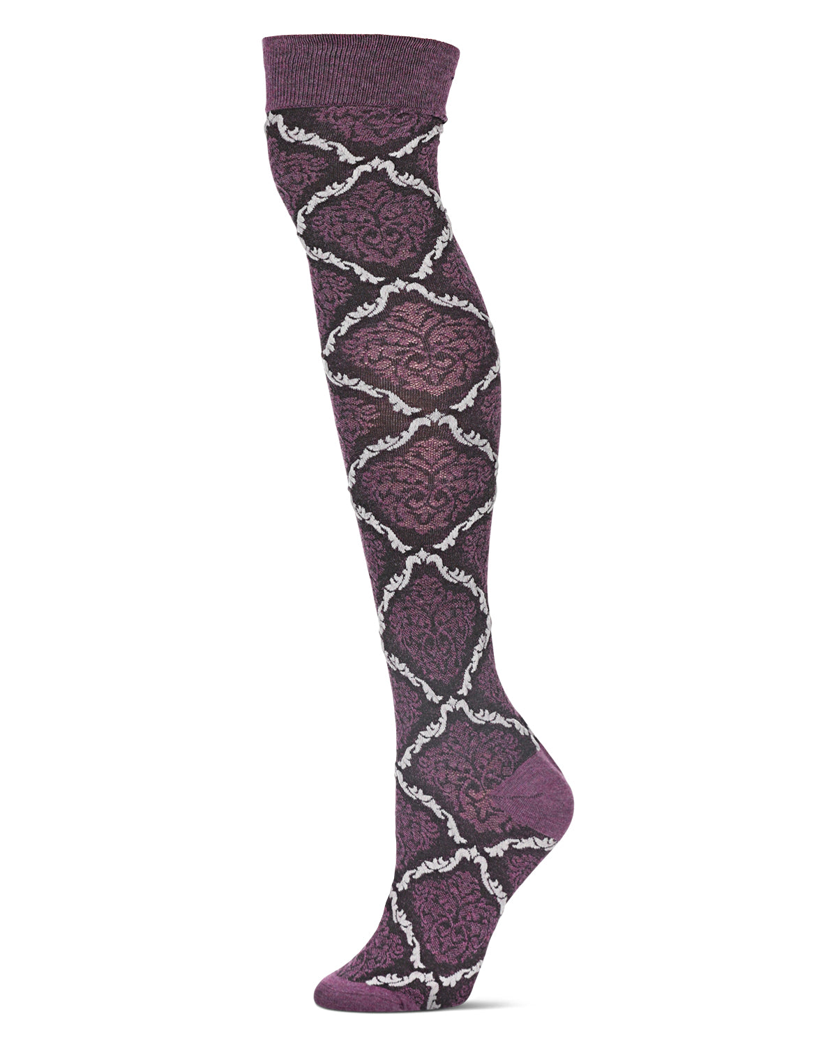 Two Tone Damask Cotton Blend Over The Knee Socks : Color: Grape Heather