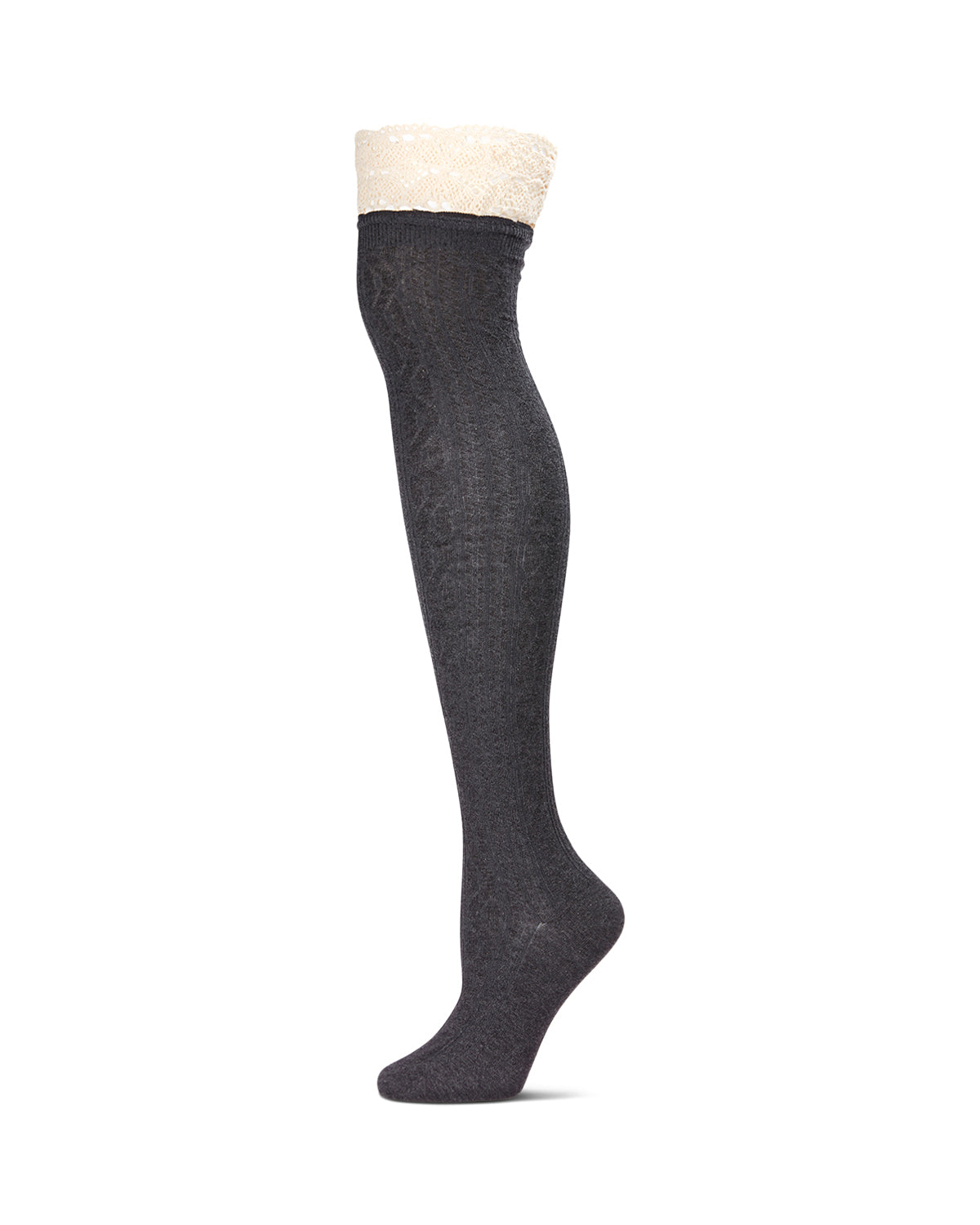 Women's Lace Top Cable Knit Knee High Socks : Color: Dark Gray Heather