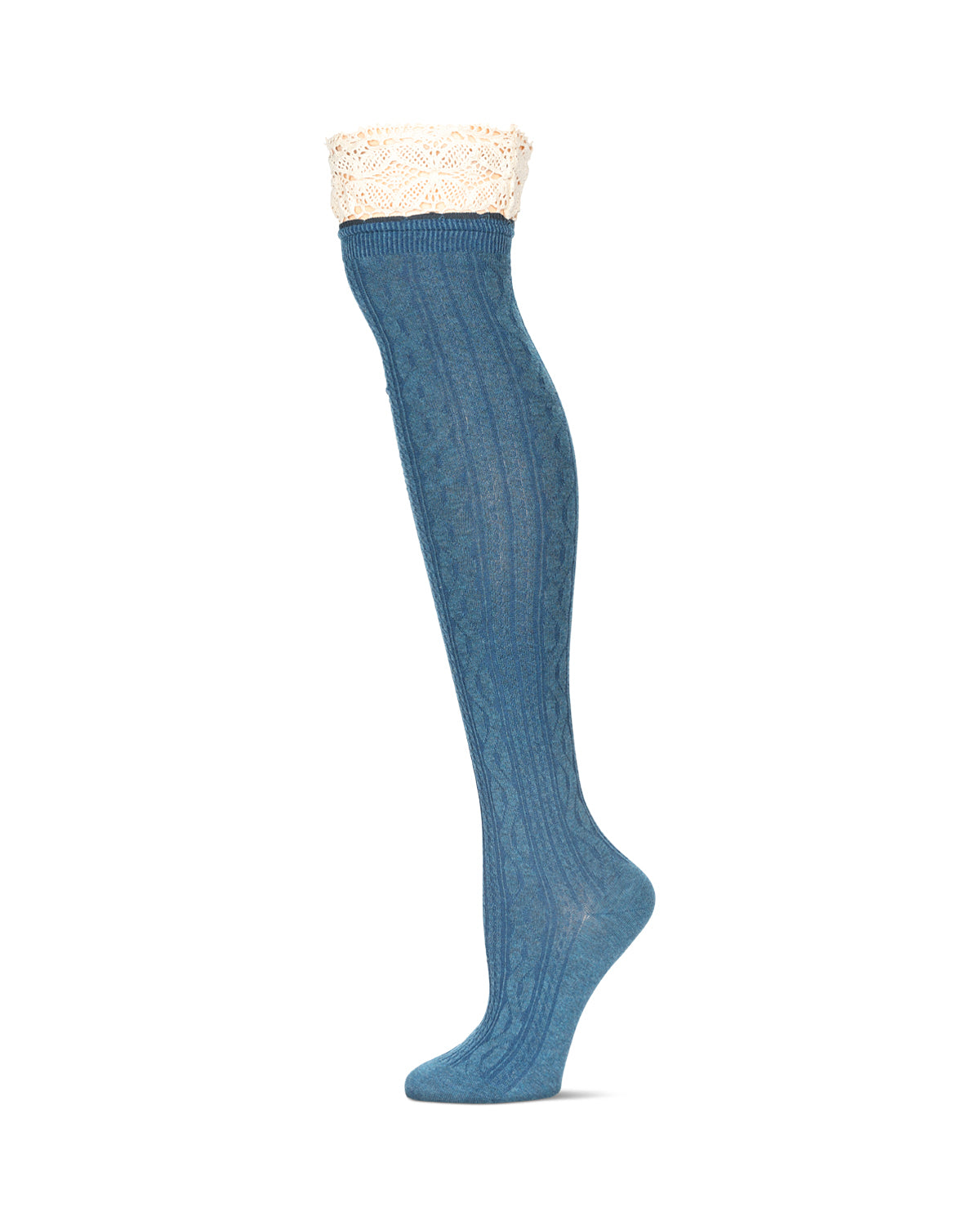 Women's Lace Top Cable Knit Knee High Socks : Color: Legion Blue Heather