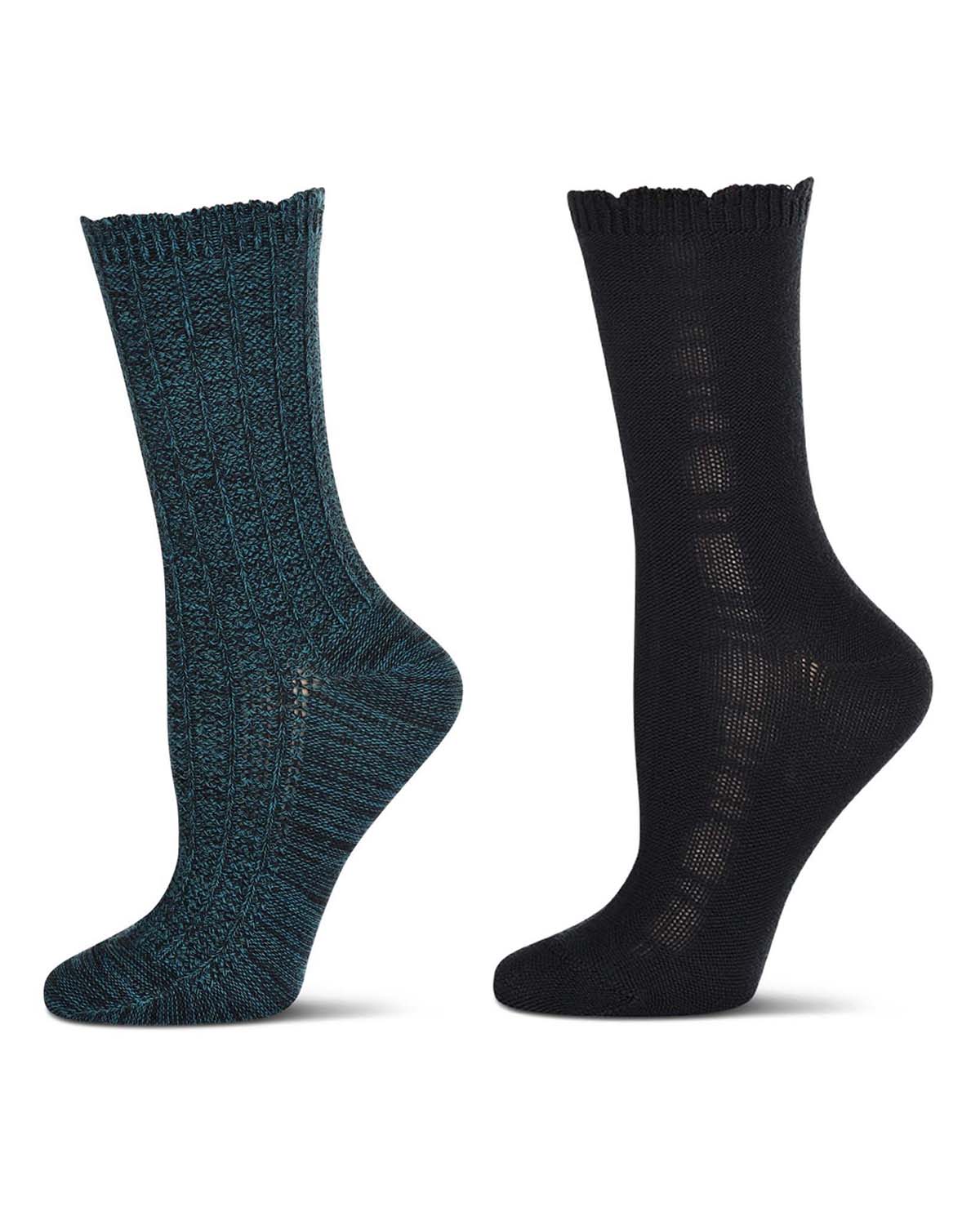 2 Pair Women's Scalloped-Cuff Cozy Knit Crew Socks