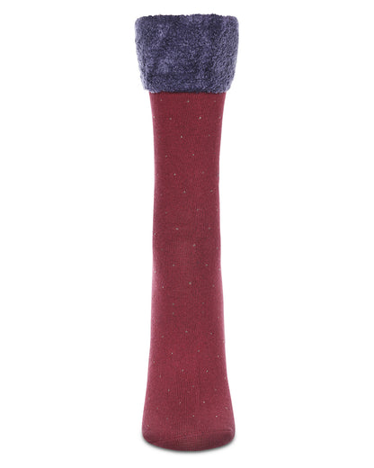 Costelle Pindot Fuzzy Cuff Cotton Blend Crew Socks : Color: Burgundy