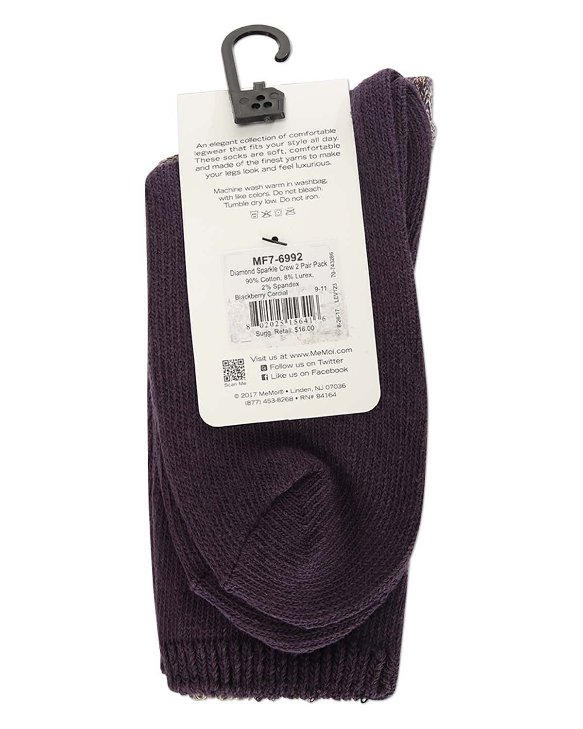 2 Pairs Women's Diamond Sparkle Cotton-Rich Crew Socks