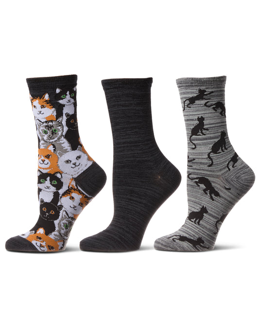 Cats Montage Bamboo Blend Crew 3 Pair Pack : Color: Black