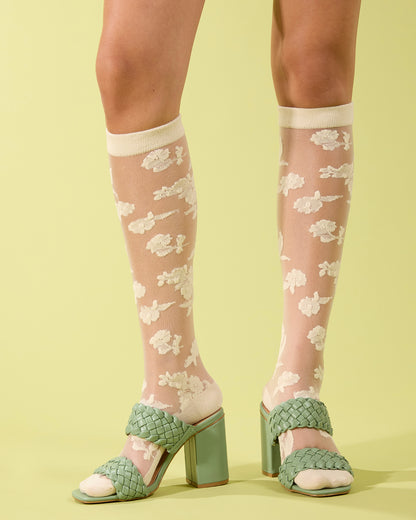 Women's "Floral Fantasy" Embroidered Sheer Knee High Socks