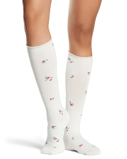 Women's Ditsy Floral Ribbed Cotton-Rich Lettuce-Edge Knee High Sock