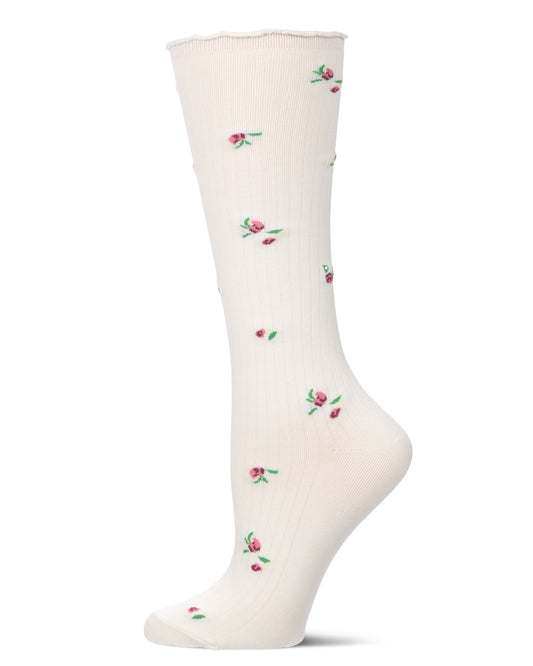 Women's Ditsy Floral Ribbed Cotton-Rich Lettuce-Edge Knee High Sock