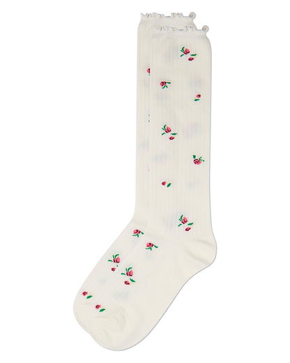 Women's Ditsy Floral Ribbed Cotton-Rich Lettuce-Edge Knee High Sock