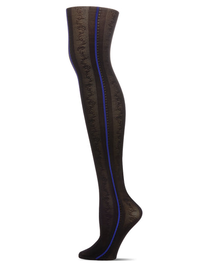 Linear Fashion Cascading Vine Opaque Tights : Color: Persian Blue-Black