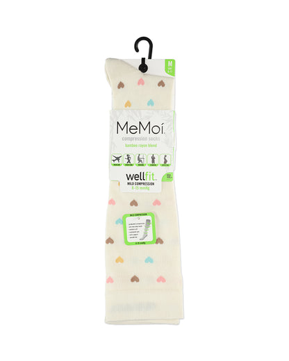 Women's Multicolor Hearts Bamboo Blend 8-15MMHG Graduated Compression Socks : Color: Ivory