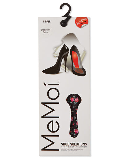 MeMoi Shoe Solutions built-in foot fabric enhancer packaging, featuring a black hanger, a pair of black high heels, and a floral-patterned foot insert on a white background.