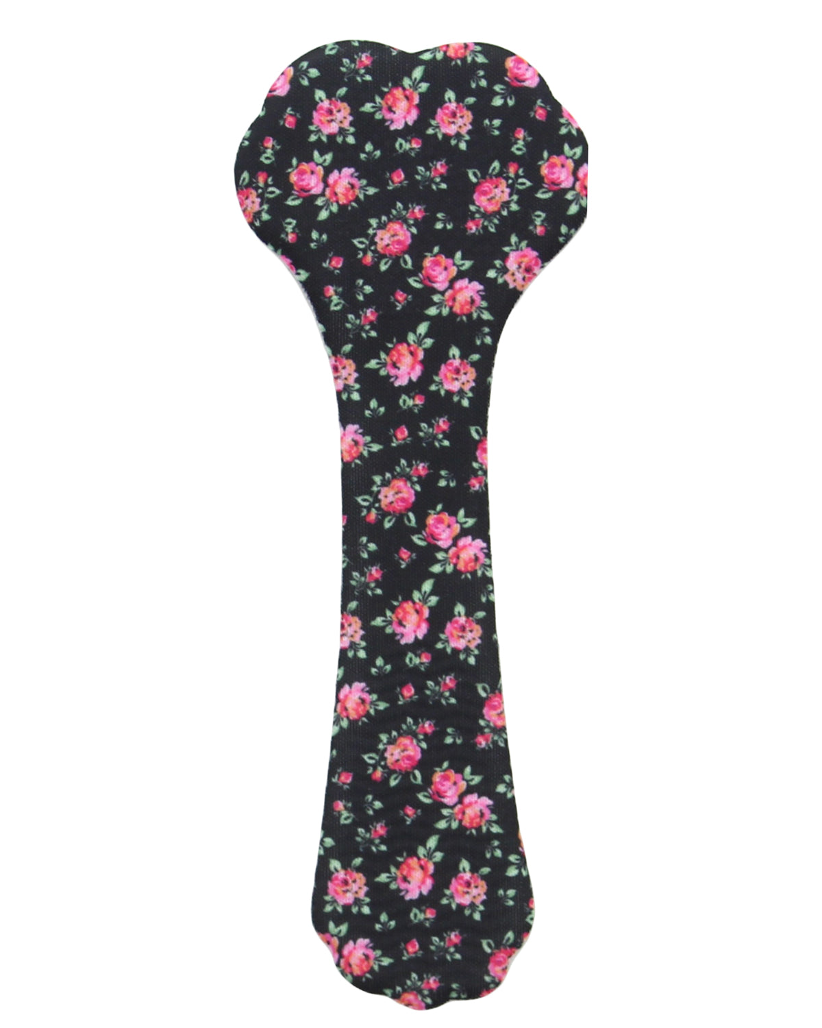 A bone-shaped dog toy or chew cover featuring a black background with a pink and red floral pattern and green leaves, shown on a plain white background.