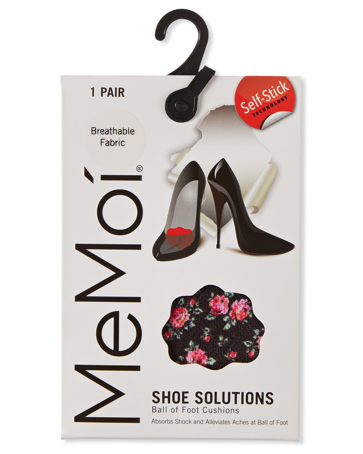 A package of MeMoi Shoe Solutions Ball of Foot Cushions on a white background. The packaging features a black hanger, text indicating '1 PAIR' and 'Breathable Fabric', a red 'Self Stick PACKAGER' label, illustrations of black high heels and a floral cushion, and the MeMoi brand name in large vertical letters.