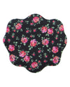 A scalloped-edged fabric accessory, likely a pocket square or small pouch, featuring a black background with a pink and red floral print and green leaves.