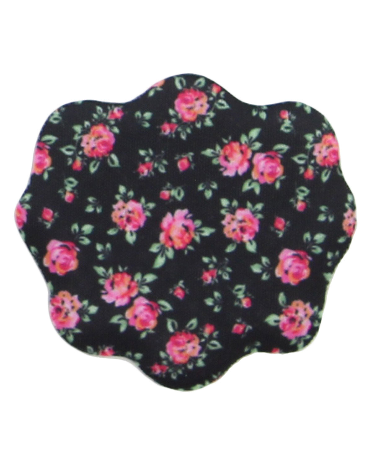 A scalloped-edged fabric accessory, likely a pocket square or small pouch, featuring a black background with a pink and red floral print and green leaves.