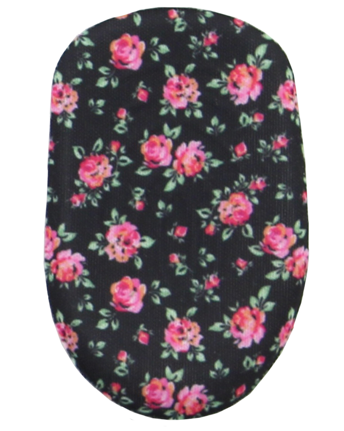 An oval-shaped fabric item, likely a pouch or cover, featuring a black background with a dense pink and red floral pattern and green leaves.