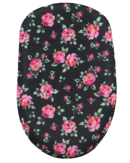 An oval-shaped fabric item, likely a pouch or cover, featuring a black background with a dense pink and red floral pattern and green leaves.