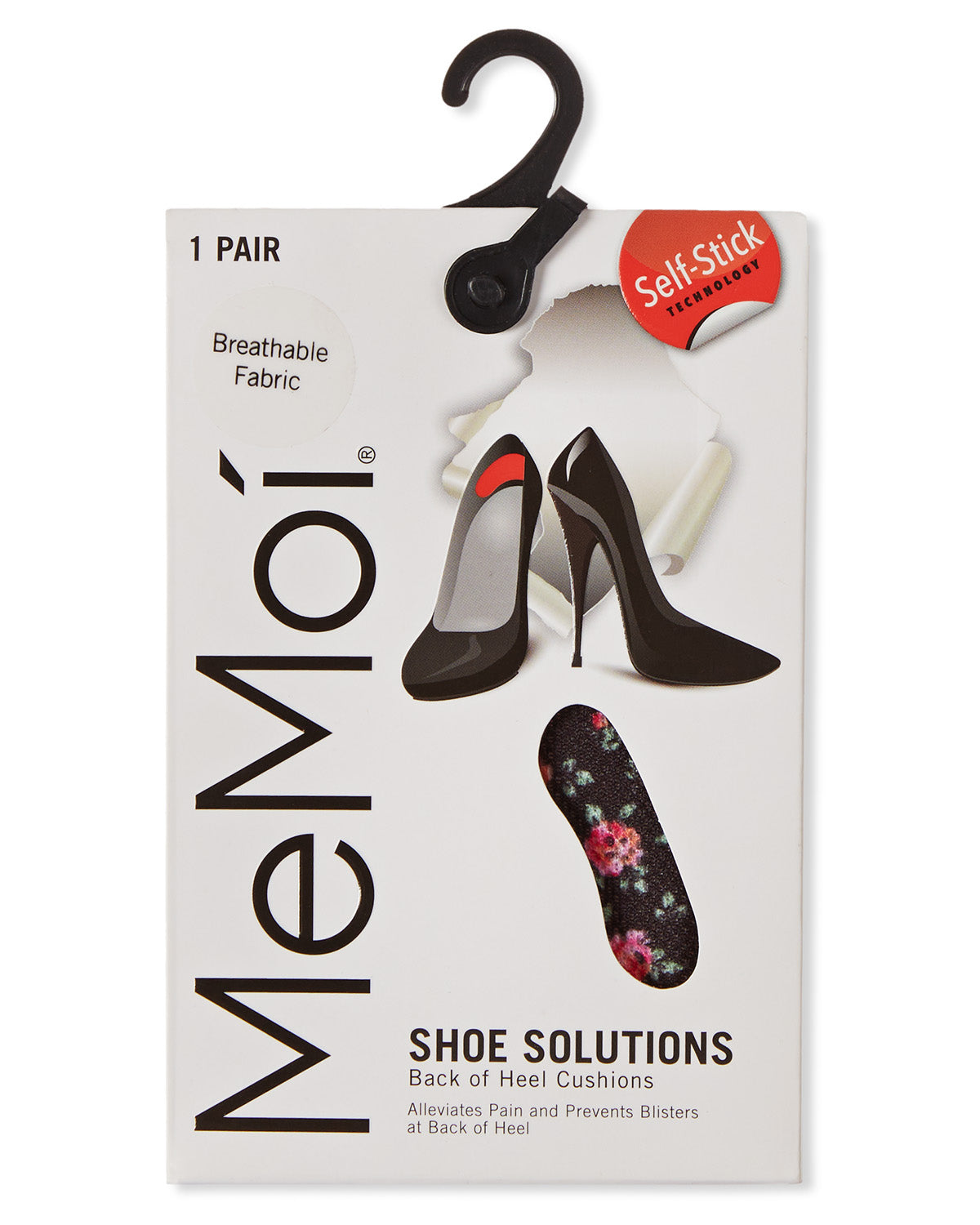 MeMoi Shoe Solutions back of heel cushion packaging card with a black hanger, showing illustrations of black high heels and a floral heel cushion, plus a red 'Self-Stick' badge.