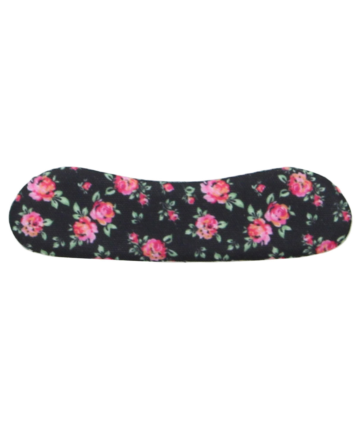 A contoured menstrual cup with a black background and a vibrant pink and red floral pattern with green leaves, shown against a plain white background.