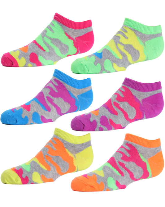 6 Pair Girls Camo Rib-Trim Low Cut Socks, Assorted Camouflage Prints