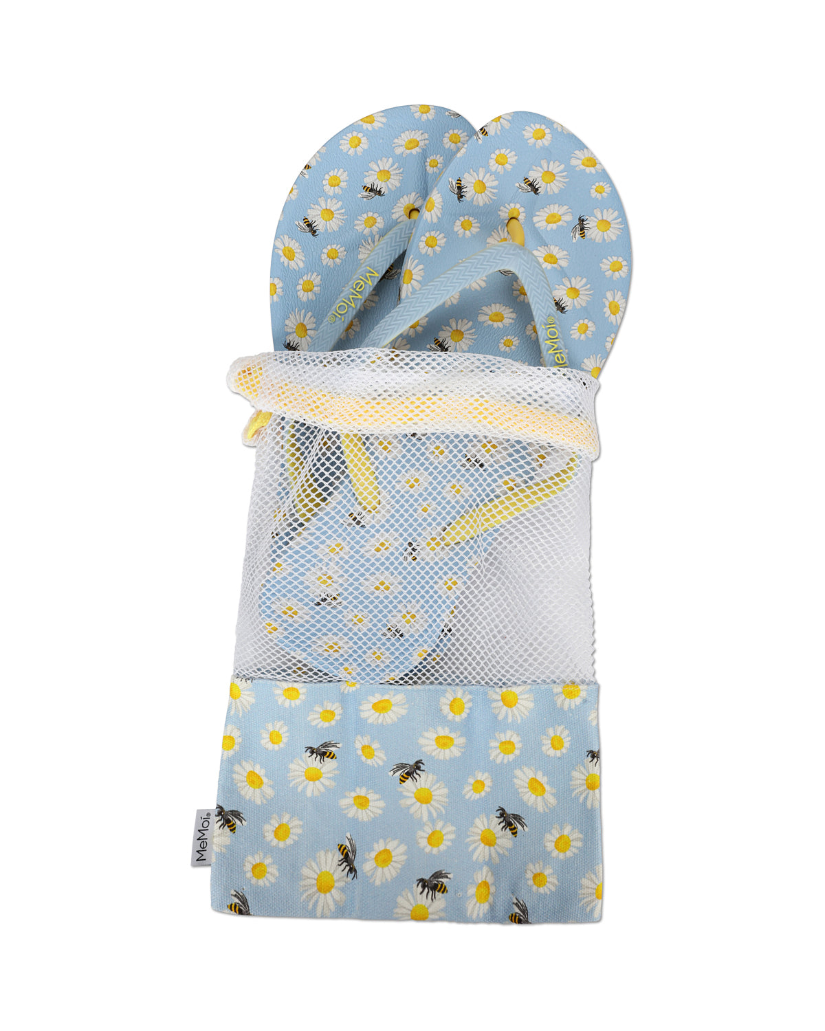 Women's Daisy & Bees Flip Flops & Mesh Bag Set : Color: Light Blue