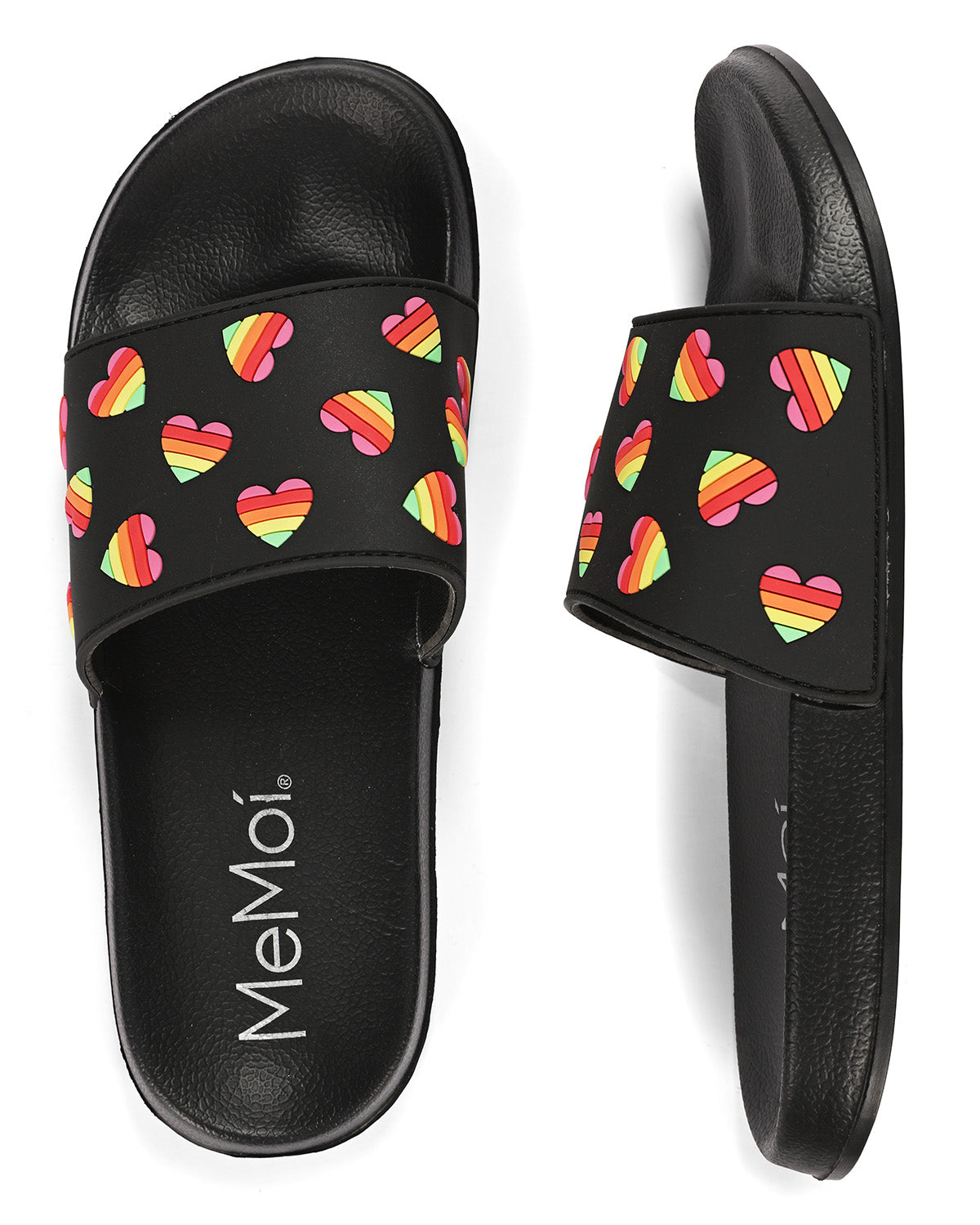 Women's Rainbow Heart Lightweight Slides : Color: Black
