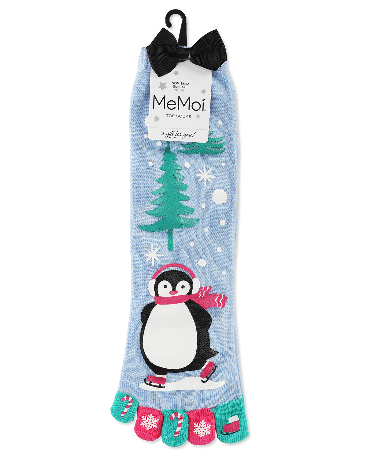 Festive Skating Penguin Non-Skid Toe Socks : Color: Light Blue