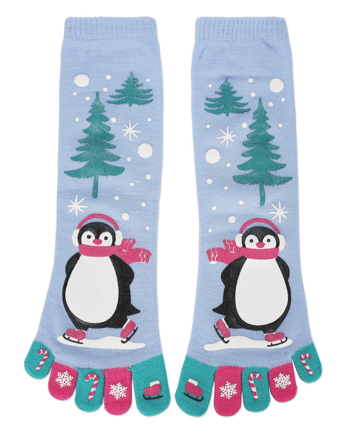 Festive Skating Penguin Non-Skid Toe Socks : Color: Light Blue