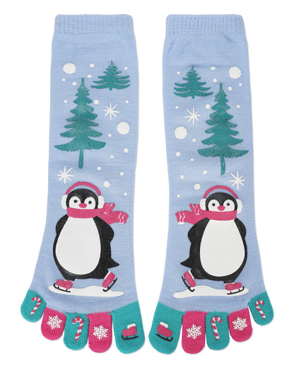 Festive Skating Penguin Non-Skid Toe Socks : Color: Light Blue