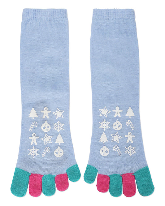 Festive Skating Penguin Non-Skid Toe Socks : Color: Light Blue