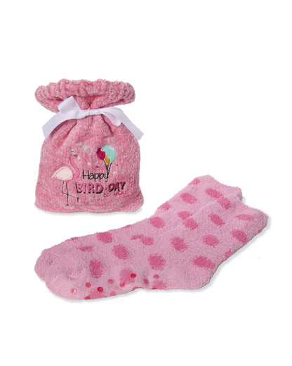 Women's "Happy Bird-Day" Cozy Sock & Gift Bag Set : Color: Pink