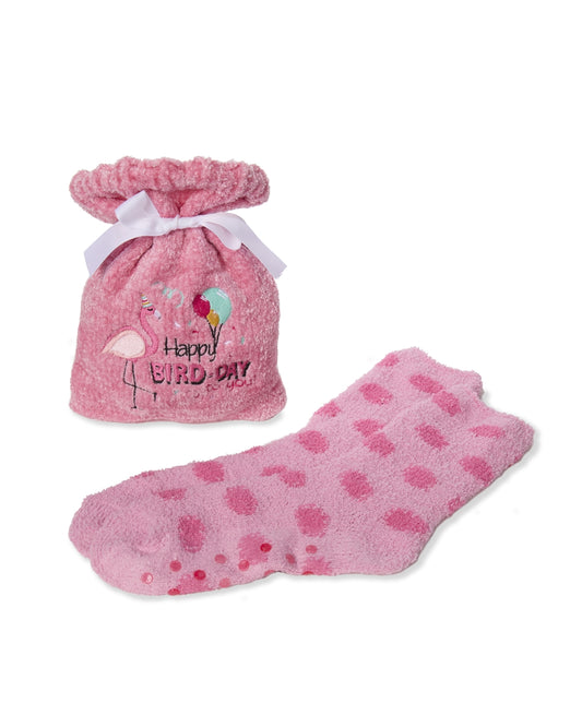 Women's "Happy Bird-Day" Cozy Sock & Gift Bag Set : Color: Pink